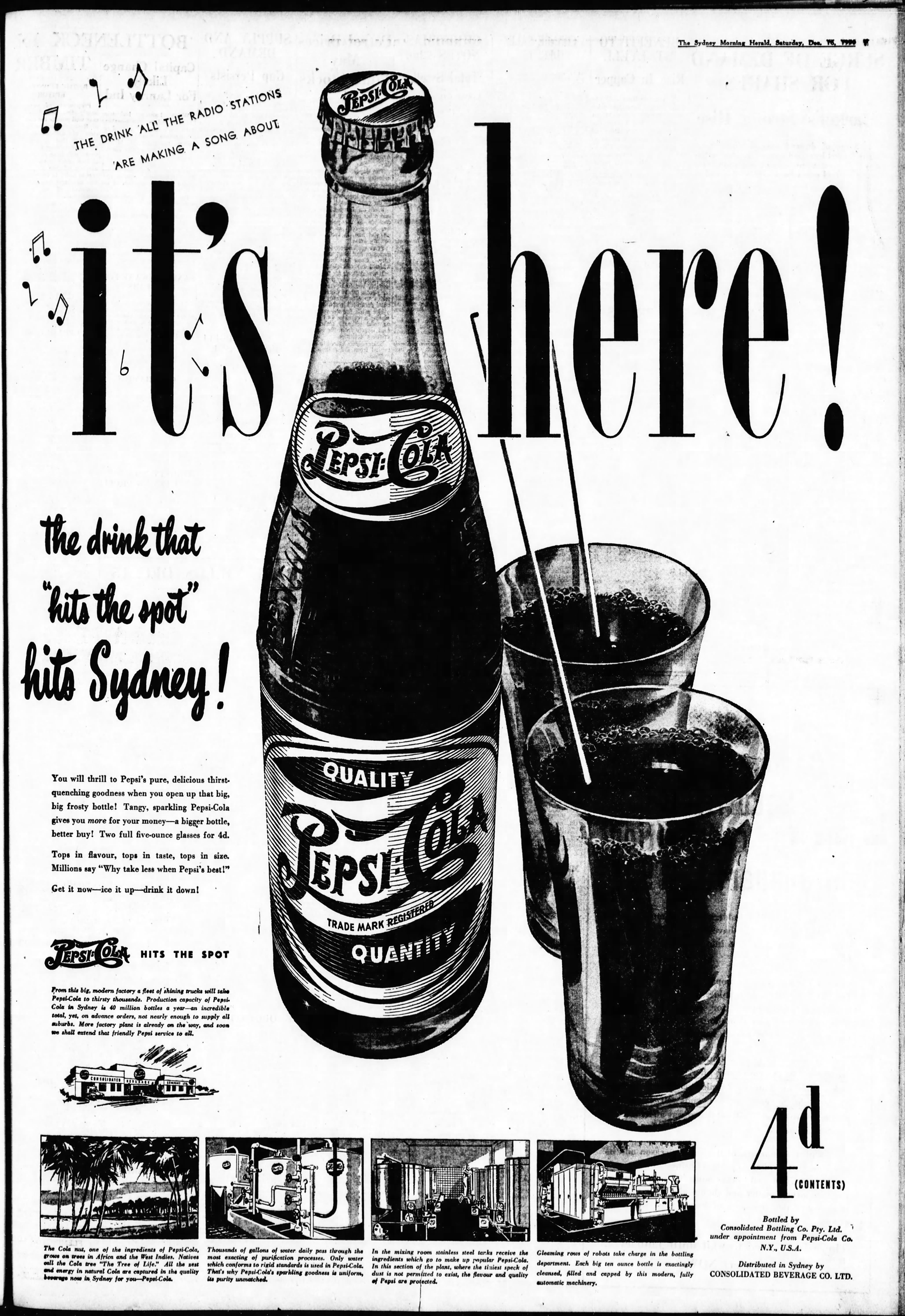 Black and White Advertisement, cir 1950, With Cursive Pepsi Logo